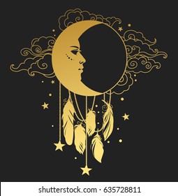 Crescent moon with human face on black background. Vector illustration