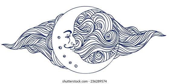 Crescent moon and human face over ornate blue cloud  Vector illustration in outlines  