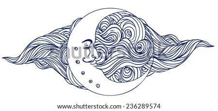 Crescent moon with human face over ornate blue cloud. Vector illustration in outlines. 