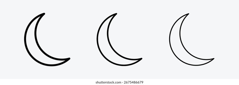Ícone Lua Crescente para aplicativos e designs da Web em fundo branco com traçado arrojado, leve e fino.