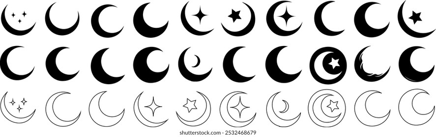 Crescent moon icon collection features varied crescent designs with stars, decorative patterns in black. Perfect moon vector set for celestial themes, spiritual designs, or astronomical projects