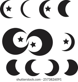 Crescent moon icon collection features varied crescent designs with stars, decorative patterns in black. Perfect moon vector set for celestial themes, spiritual designs, or astronomical projects