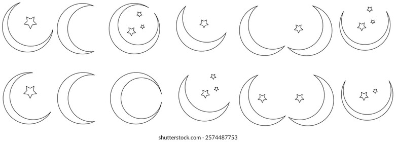 Crescent moon icon collection features varied crescent designs with stars, decorative patterns in black. Perfect moon vector set for celestial themes, spiritual designs