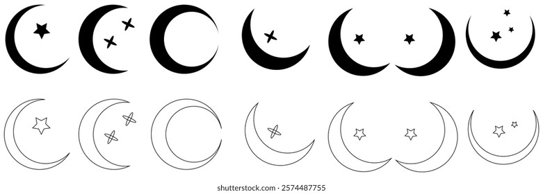 Crescent moon icon collection features varied crescent designs with stars, decorative patterns in black. Perfect moon vector set for celestial themes, spiritual designs