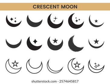 Crescent moon icon collection features varied crescent designs with stars, decorative patterns in black. Perfect moon vector set for celestial themes, spiritual designs, or astronomical projects