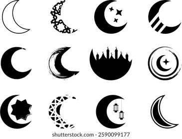 Crescent moon icon collection features varied crescent designs with stars, decorative patterns in black. Perfect moon vector set for Ramadan and islamic theme 