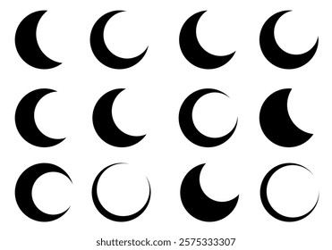 Crescent moon icon collection. Half-moon vector set for celestial themes, spiritual designs, or astronomical projects.