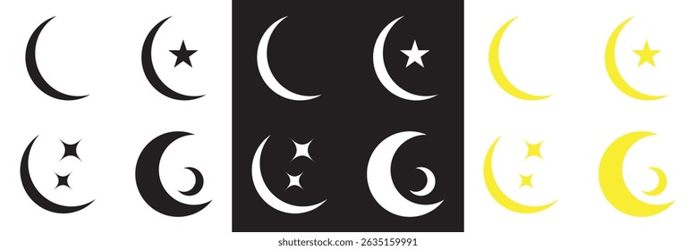 Crescent moon icon .  decorative patterns in black, white and yellow . Vector for websites, mobile interfaces, presentations, banner, visual branding etc. Vector illustration. EPS 10