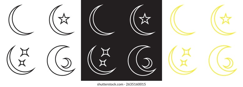 Crescent moon icon .  decorative patterns in black, white and yellow . Vector for websites, mobile interfaces, presentations, banner, visual branding etc. Vector illustration. EPS 10