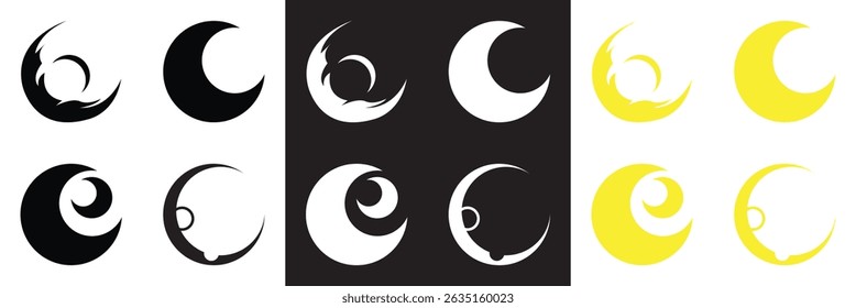 Crescent moon icon .  decorative patterns in black, white and yellow . Vector for websites, mobile interfaces, presentations, banner, visual branding etc. Vector illustration. EPS 10