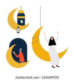crescent moon icon graphic vector illustration, People, lantern light. top view, perfect for backgrounds, wallpapers and commemorating the month of Ramadan