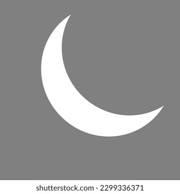 Crescent moon icon illustration. White icon on medium gray background.