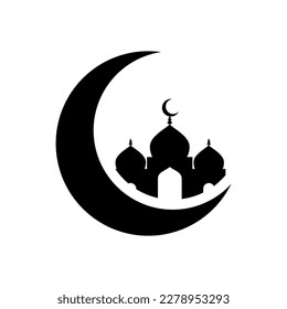 Crescent moon icon with mosque on white background