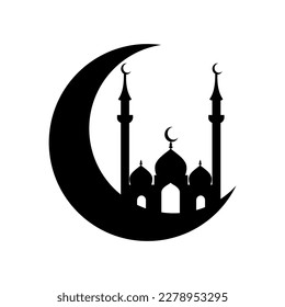 Crescent moon icon with mosque on white background