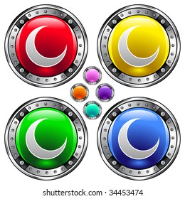 Crescent moon icon on round colorful vector buttons