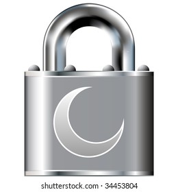 Crescent moon icon on secure vector lock button.