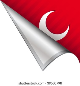 Crescent moon icon on vector peeled corner tab suitable for use in print, on websites, or in advertising materials.