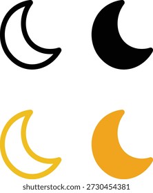 Ícone de lua crescente definido em preto e amarelo, com contorno e estilos preenchidos sólidos.