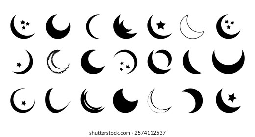 Crescent moon icon set. Crescent design with stars. Boho moon illustration. Different crescent moon with star designs. Vector isolated on white background.