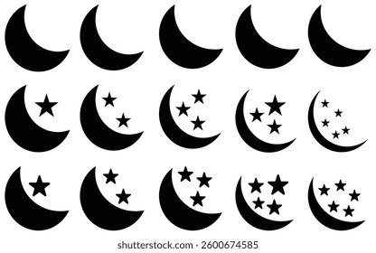 Crescent Moon icon set. Lunar symbol in black, Moon silhouette icon set vector illustrasion.
