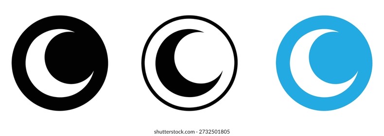 Crescent Moon Icon Set - Modo Noite e Símbolo de Sono em Círculo, silhueta de contorno crescent moon icon set isolado no fundo branco