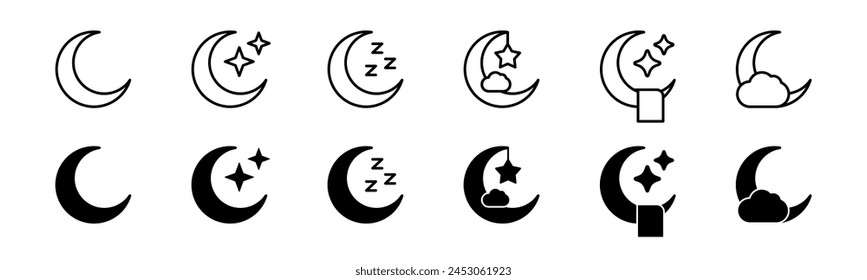 Crescent moon icon set. Sleep crescent with star light. Bedtime crescent with moonlight