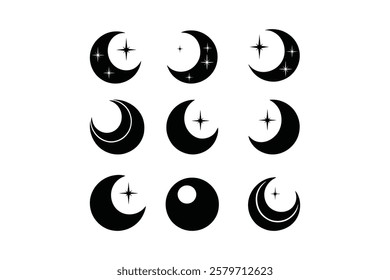 "Crescent Moon Icon Set with Stars  Decorative Patterns – Celestial Vector Collection"