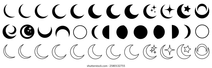 Crescent moon icon set, moon with stars sign isolated, crescent moon sign collection