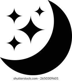 ícone da lua crescente com estrelas cintilantes. Estrelas de meia-lua. Símbolo de modo noite ou escuro. isolado em fundo branco, Ilustração de vetor.
