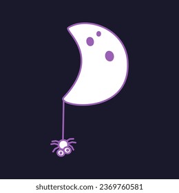Icono de la luna creciente con araña en estilo ingenuo. Ilustración haloween en tonos morados. Icono. Clipart. Elemento aislado.	 