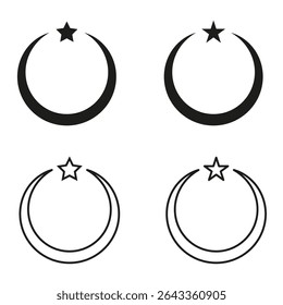 Crescent moon icon. Star symbol. Islamic emblem. Vector illustration.