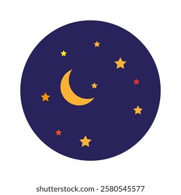 Crescent moon icon. Starry night pattern. Yellow stars contrast. Dark blue background.