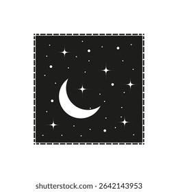 Crescent moon icon. Starry sky square. Dark space vector. Night symbol shape.