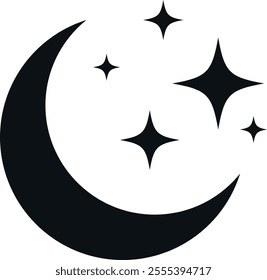 Crescent moon icon with surrounding stars, ideal for night-themed illustrations, sleep-related designs, and celestial graphics.