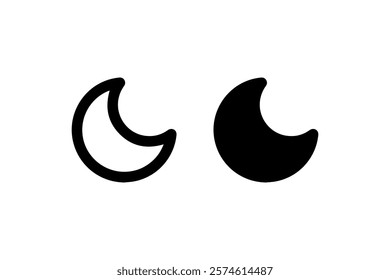 Crescent Moon Icons in Black Outline and Fill Vector.