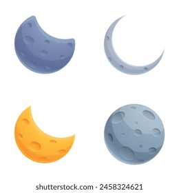 Crescent moon icons set cartoon vector. Various moon shape. Celestial body, astronomy