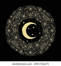 Crescent moon illuminates the garden of imagination full of flowers and stars