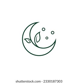 crescent moon illustration logo design with leaves in line art style concept