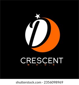 Crescent moon illustration logo design with star and letter D.
