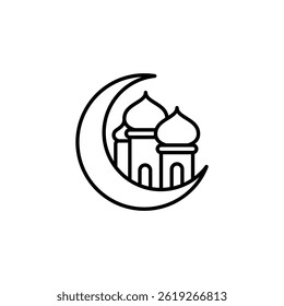 Crescent moon illustration with mosque, islamic symbol in minimalist style