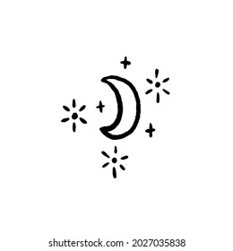 Crescent moon illustration with stars and sparkles. Witchcraft, magic symbol. Hand drawn doodle style. Vector.