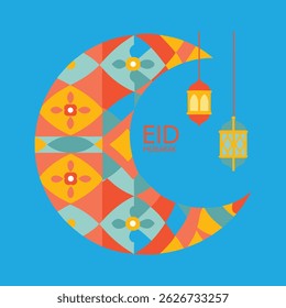 Halbmond mit islamischen geometrischen Mustern und Laternen, mit Eid Mubarak Text, perfekt für festliche digitale Dekoration.