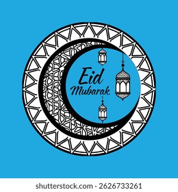 Lua crescente com padrões geométricos islâmicos e lanternas, com texto Eid Mubarak, perfeito para decoração digital festiva.