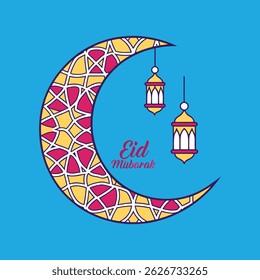 Crescent moon with Islamic geometric patterns and lanterns, featuring Eid Mubarak text, perfect for festive digital decor.