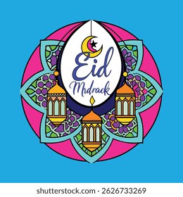 Crescent moon with Islamic geometric patterns and lanterns, featuring Eid Mubarak text, perfect for festive digital decor.