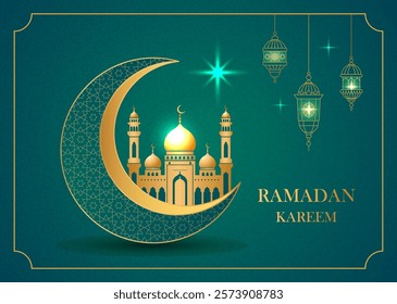 Crescent moon islamic with mosque for Ramadan Kareem and Eid Mubarak. Golden crescent moon with arabic lamps and greeting lettering. vector illustration