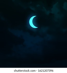 Crescent moon isolated on dark sky background. Glowing vector decorative element
