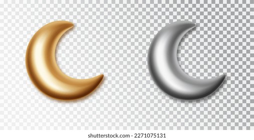 Crescent Mond einzeln auf weißem Hintergrund. 3d goldene und silberne dekorative Vektorelemente einzeln auf transparentem Hintergrund. Islamisches Symbol-Halbmond-Set