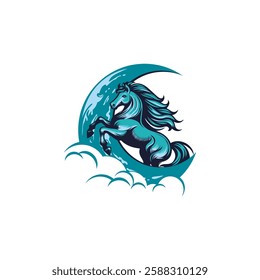 crescent moon and jumping horse logo is perfect for corporate identity, trademark, shop name, community and others.