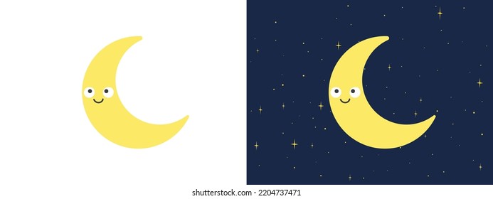 Crescent Moon with kawaii face clipart. Simple cute yellow smiling crescent moon flat vector illustration. Cartoon character happy crescent moon drawing style vector design. Baby shower, nursery decor